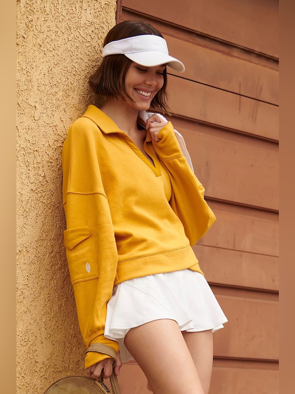 Free People Movement Overlapped Solid Sweat Mustard Yellow V-Neck Pullover Med